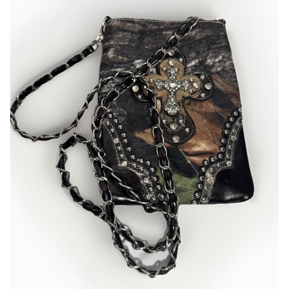 Rhinestone Camo Studded Cross Purse Chain Strap Rustic Coutures Cowgirl